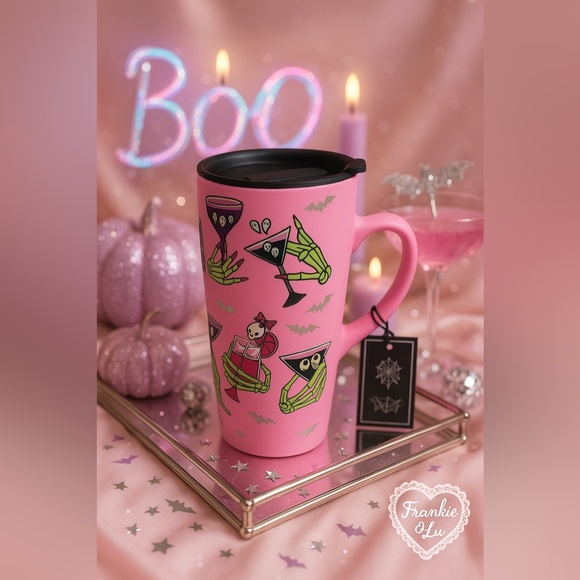 Pink Halloween Travel Mug w/ Handle & Lid Skeleton Hand Martinis Matte Finish - Picture 1 of 5